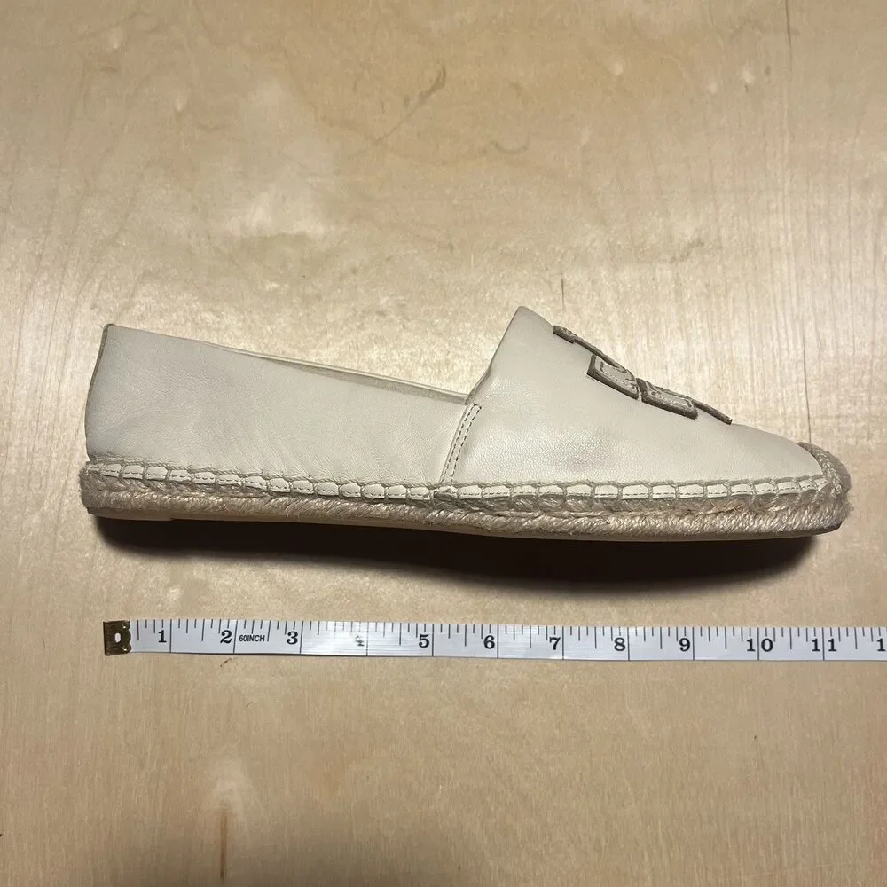 Tory Burch Women's Cream Leather Espadrille Flats Round Toe Slip-On Logo US 9